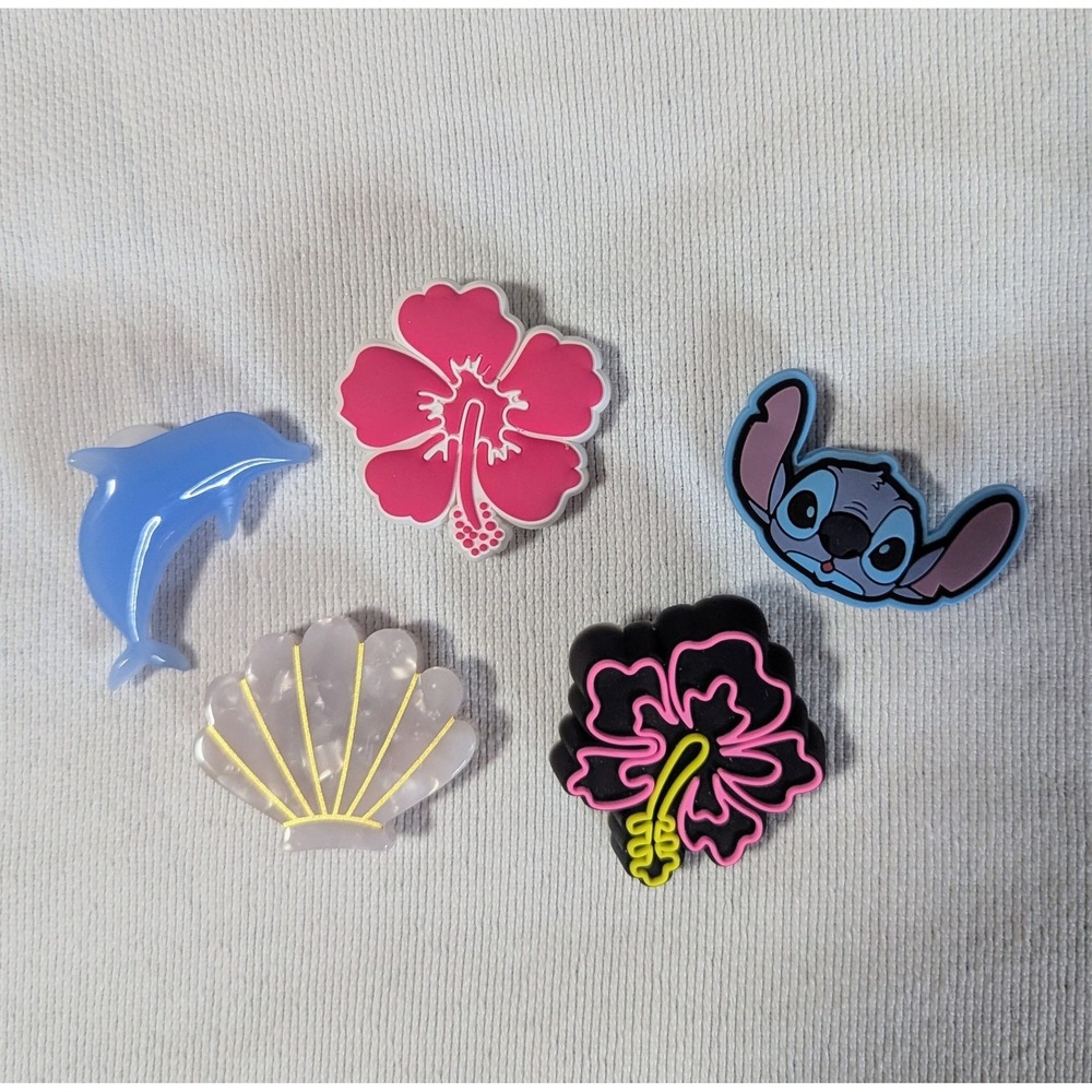 Lot of 5 Authentic Crocs Jibbitz Charms Stitch Hibiscus Flower Dolphin Shell